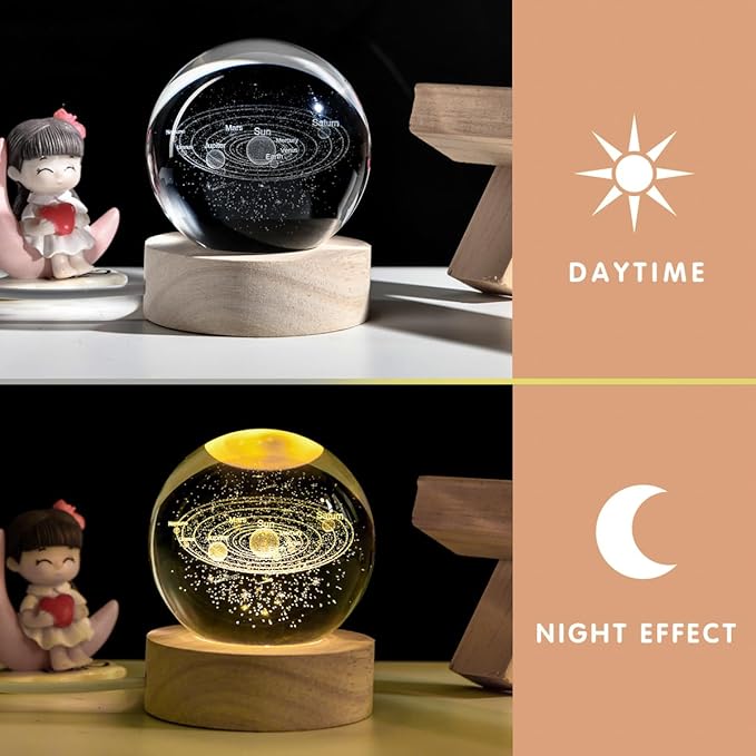 3D Galaxy Crystal Ball Night Light With Wooden Base ( Solar System )
