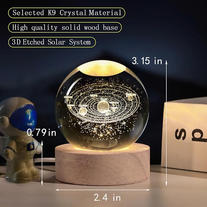 3D Galaxy Crystal Ball Night Light With Wooden Base ( Solar System )