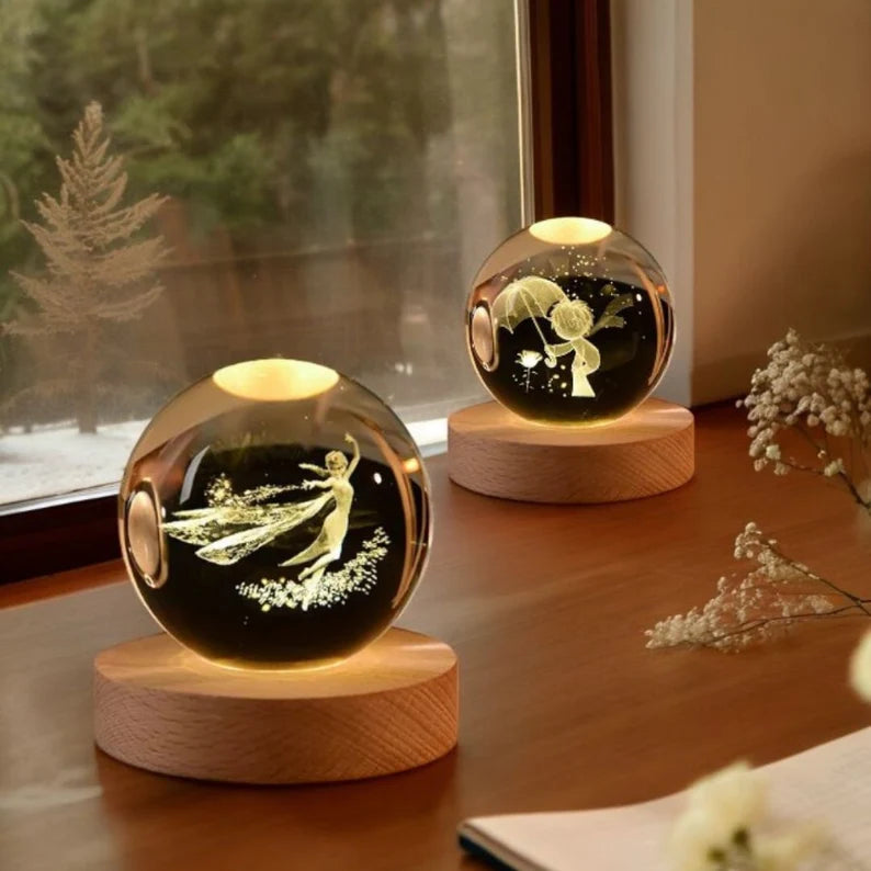 3D Galaxy Crystal Ball Night Light With Wooden Base ( Princess Elsa )