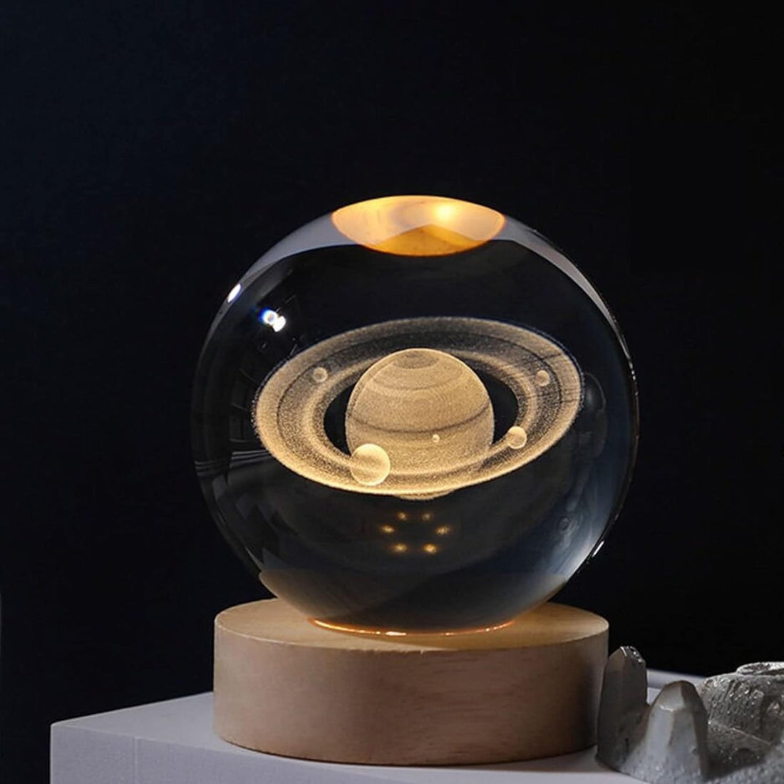 3D Saturn Crystal Ball Night Light With Wooden Base