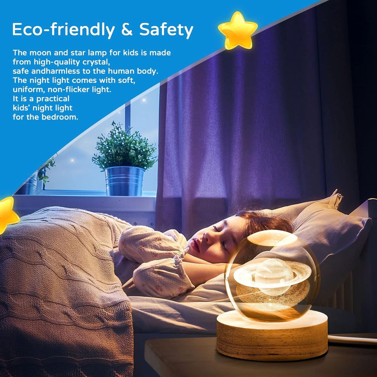 3D Saturn Crystal Ball Night Light With Wooden Base