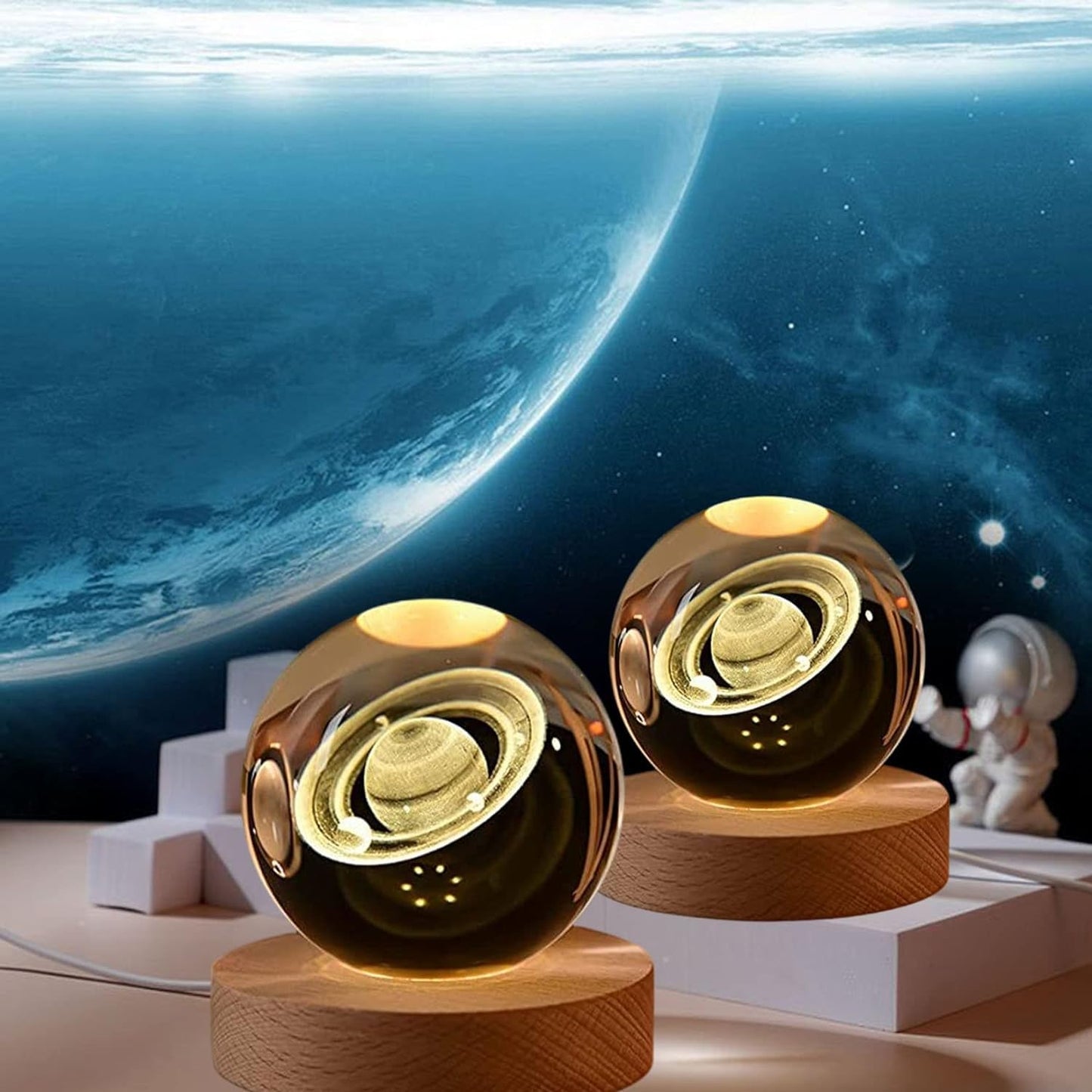 3D Saturn Crystal Ball Night Light With Wooden Base