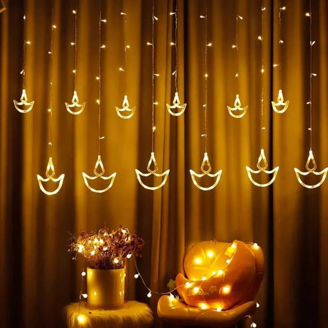 Diya Shape LED Curtain String Lights – 2.6 Meter (Warm White)