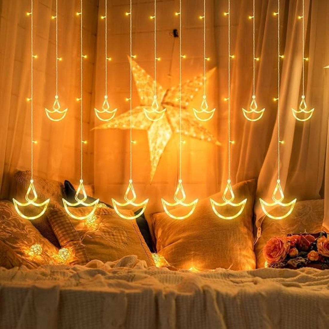 Diya Shape LED Curtain String Lights – 2.6 Meter (Warm White)