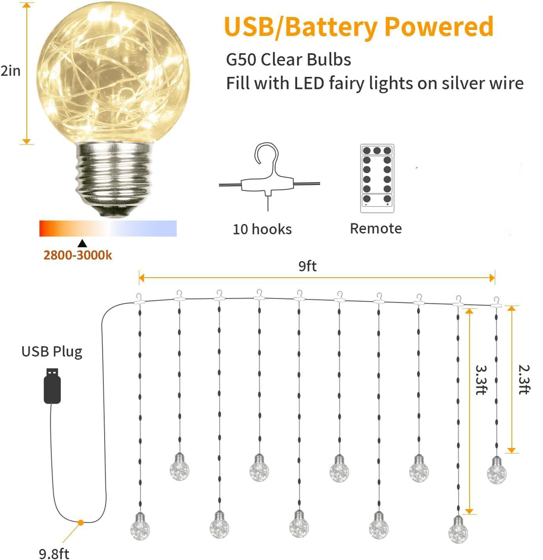 200 LED Window Curtain String Lights With Remote - 3 Mtr ( Warm White )