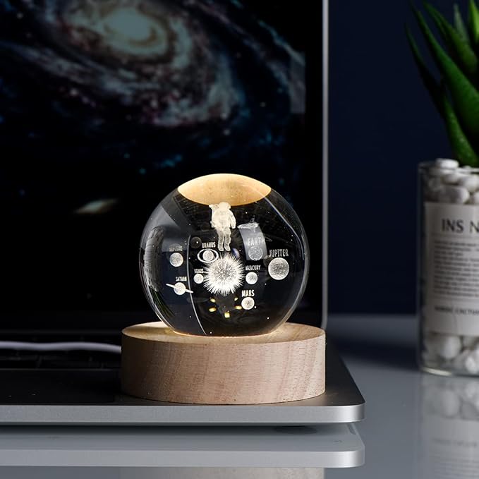 3D Galaxy Crystal Ball Night Light With Wooden Base ( Astronaut Galaxy )