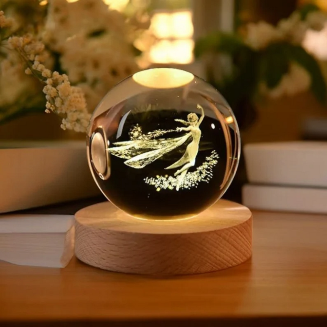 3D Galaxy Crystal Ball Night Light With Wooden Base ( Princess Elsa )