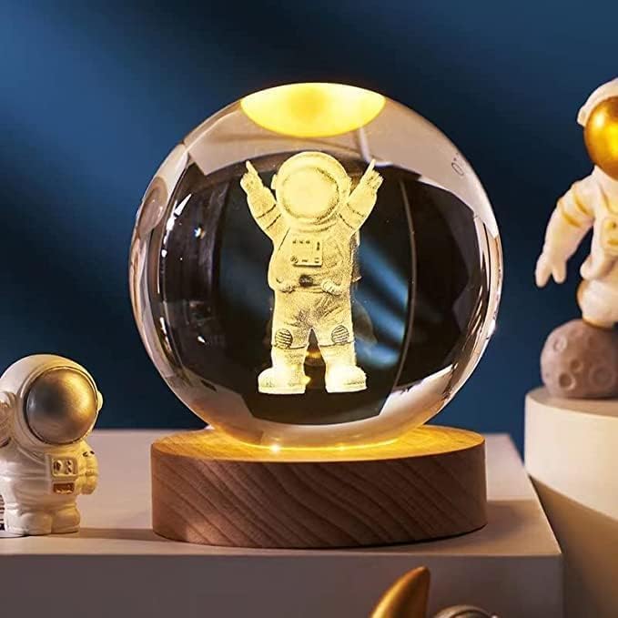 3D Astronaut Crystal Ball Night Light With Wooden Base