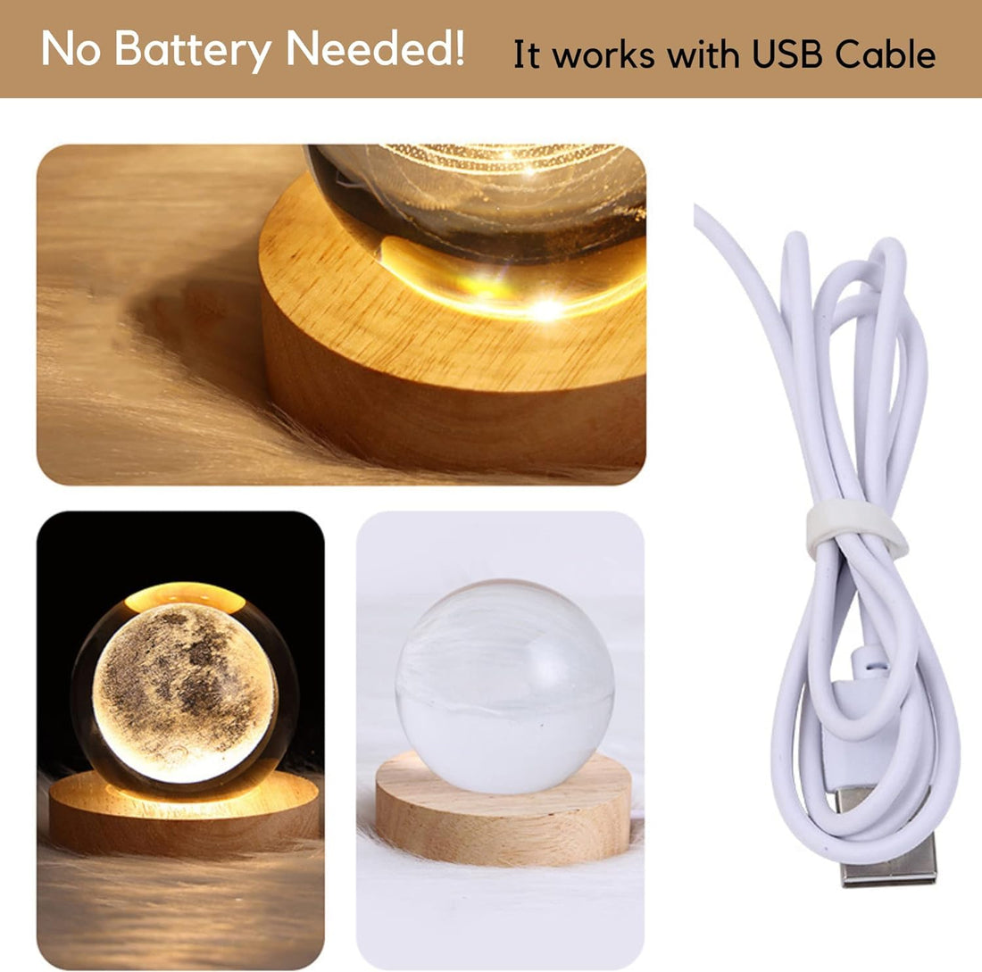 3D Moon Crystal Ball Night Light With Wooden Base