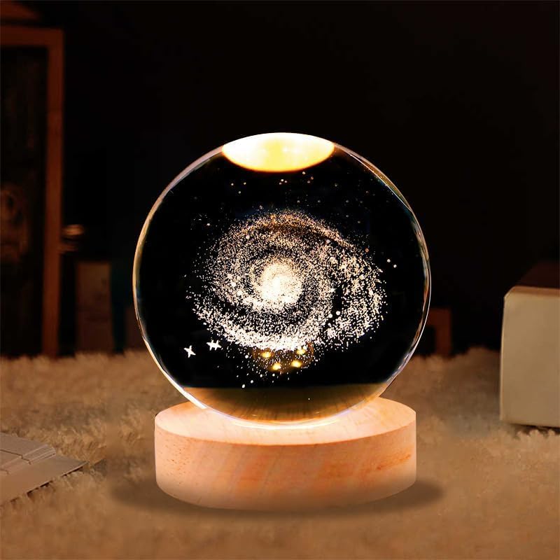 3D Galaxy Crystal Ball Night Light With Wooden Base