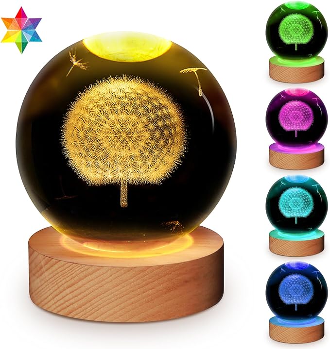 3D Galaxy Crystal Ball Night Light With Wooden Base (Dandelion)