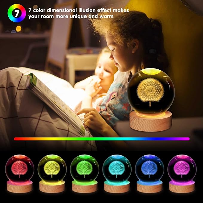 3D Galaxy Crystal Ball Night Light With Wooden Base (Dandelion)