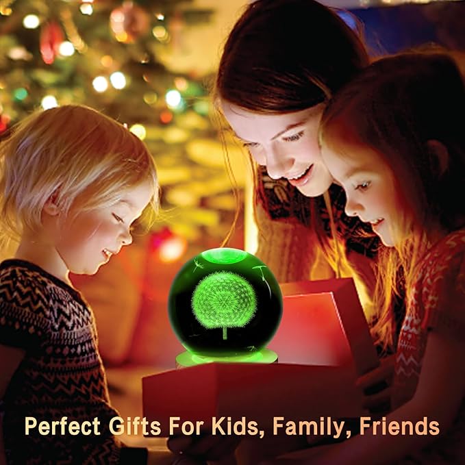 3D Galaxy Crystal Ball Night Light With Wooden Base (Dandelion)