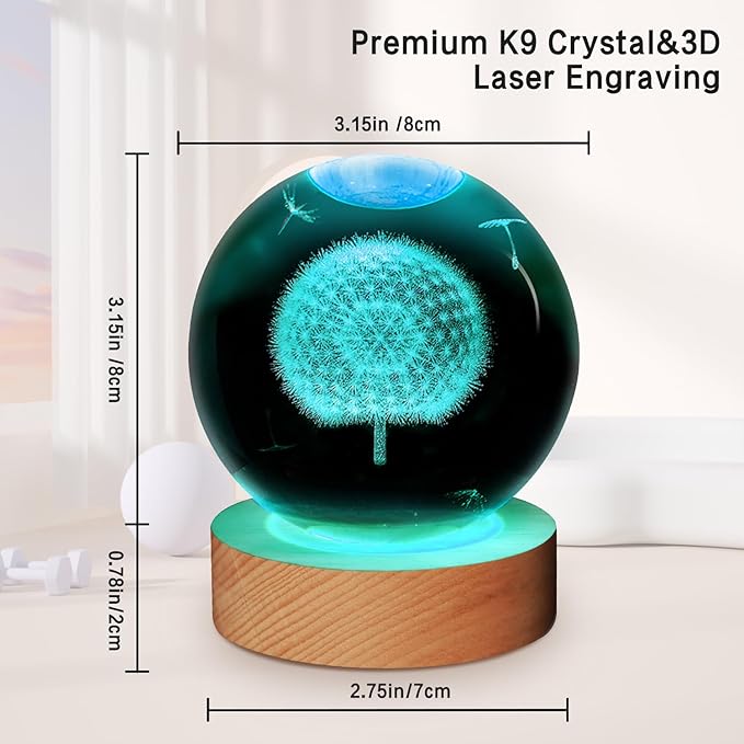 3D Galaxy Crystal Ball Night Light With Wooden Base (Dandelion)
