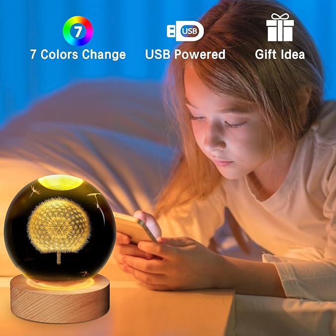 3D Galaxy Crystal Ball Night Light With Wooden Base (Dandelion)