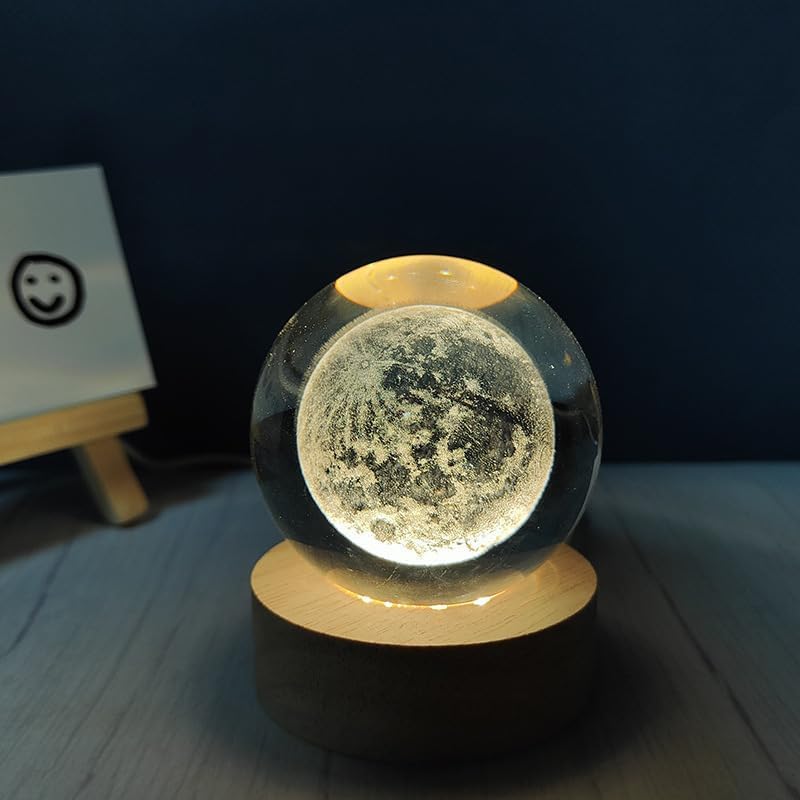 3D Moon Crystal Ball Night Light With Wooden Base