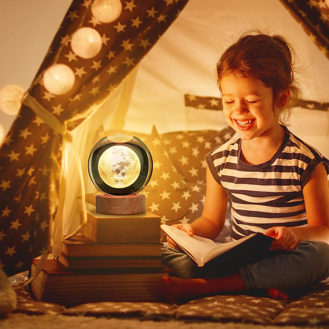 3D Moon Crystal Ball Night Light With Wooden Base