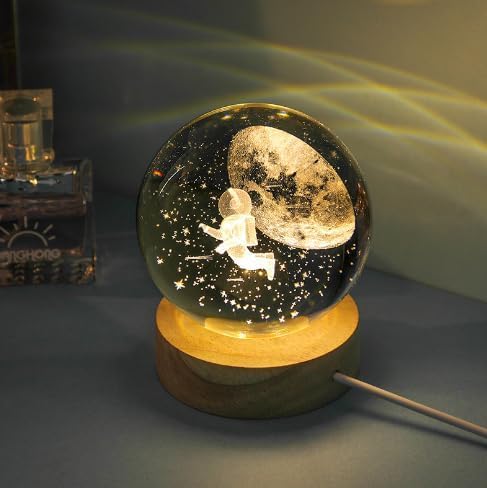 3D Astronaut Planet Crystal Ball Night Light With Wooden Base