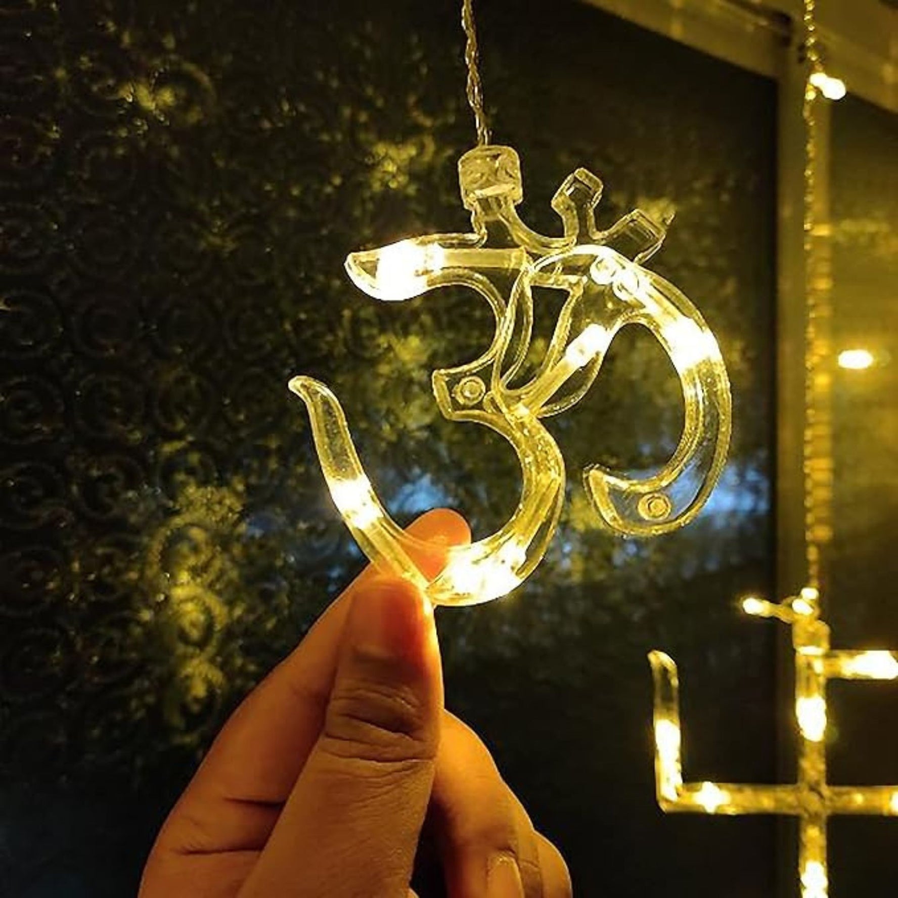 6 Swastik,6 Om LED Curtain String Lights - 2 Mtr ( Warm White )
