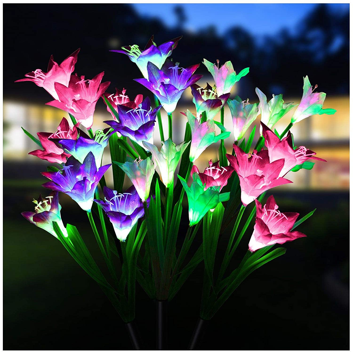 Solar Powered Lily Flower Outdoor Light - Multicolor (Pack of 3)
