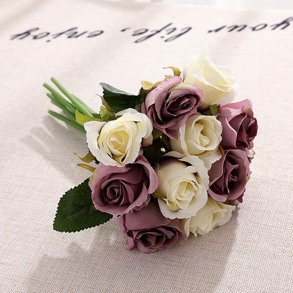Artificial Faux Silk Rose Flower - Purple & White (10 inch , Pack of 12 Flower Bunch)