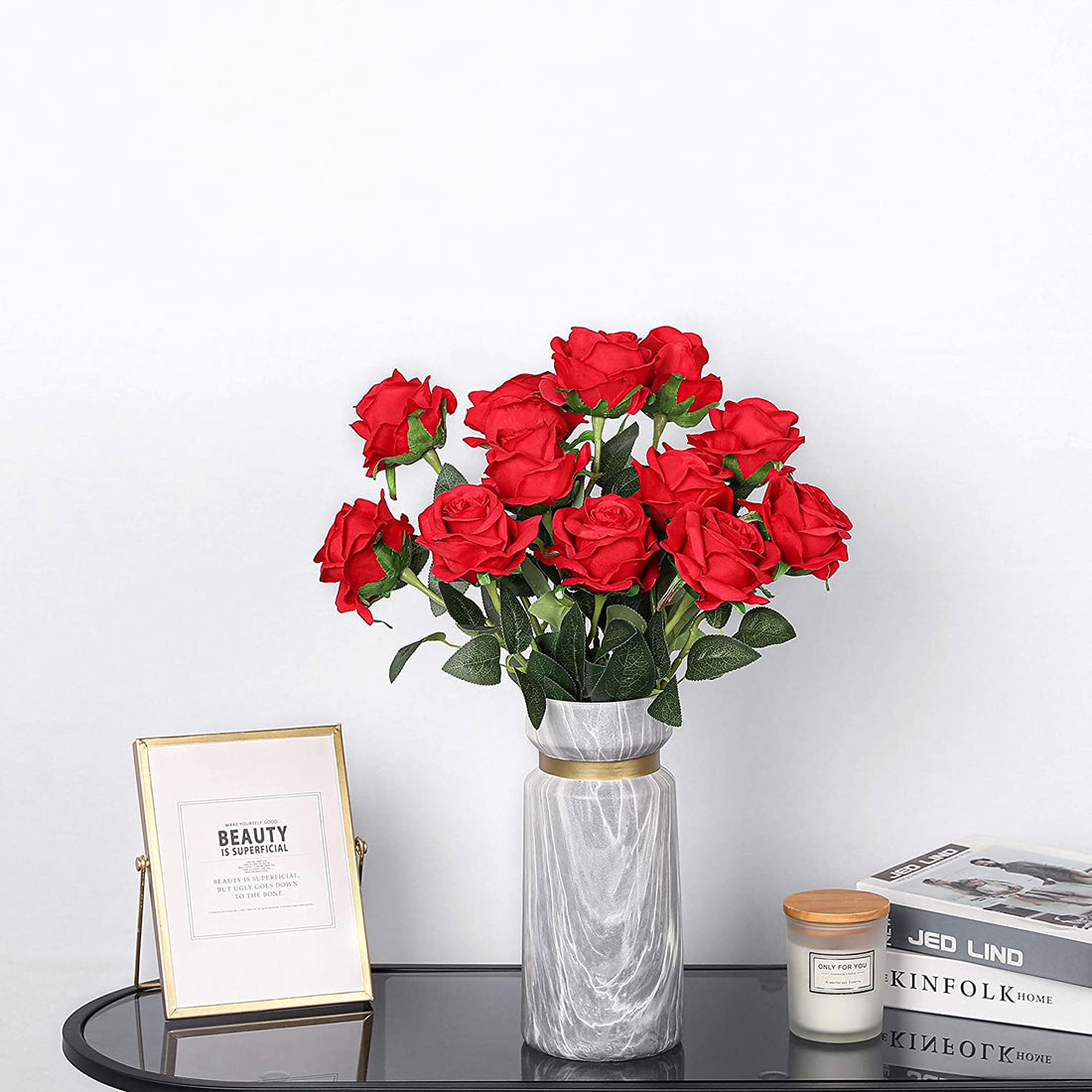 Artificial Faux Silk Rose Flowers - Red (10.6 inch, Pack of 12 Flower Bunch)