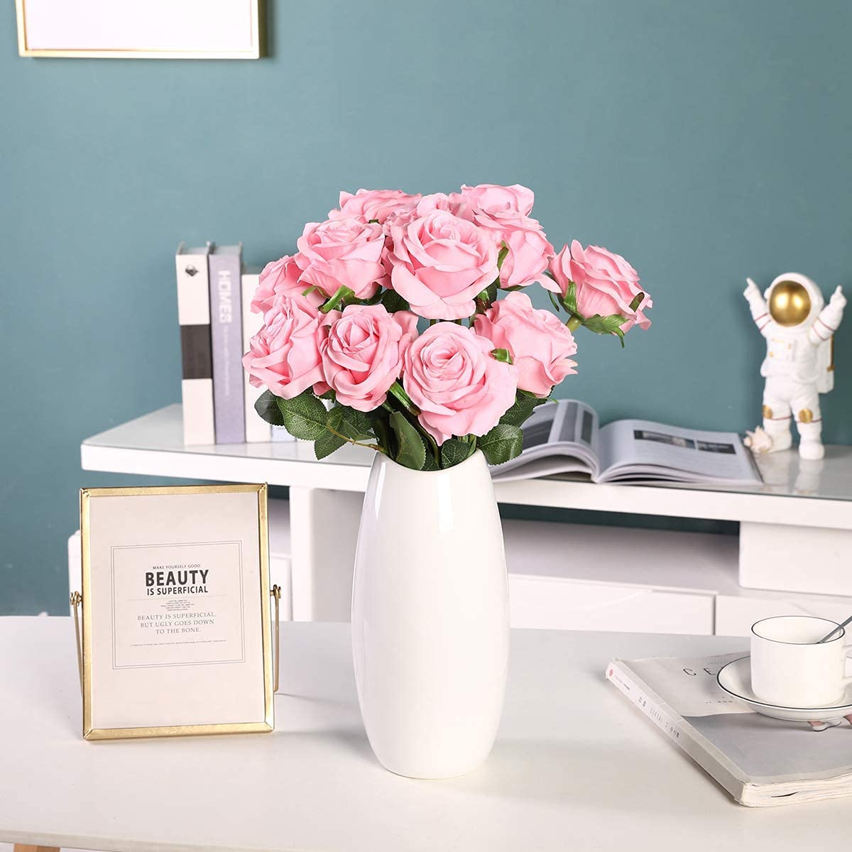 Artificial Faux Silk Rose Flower - Pink (10.6  inch, Pack of 12 Flower Bunch)