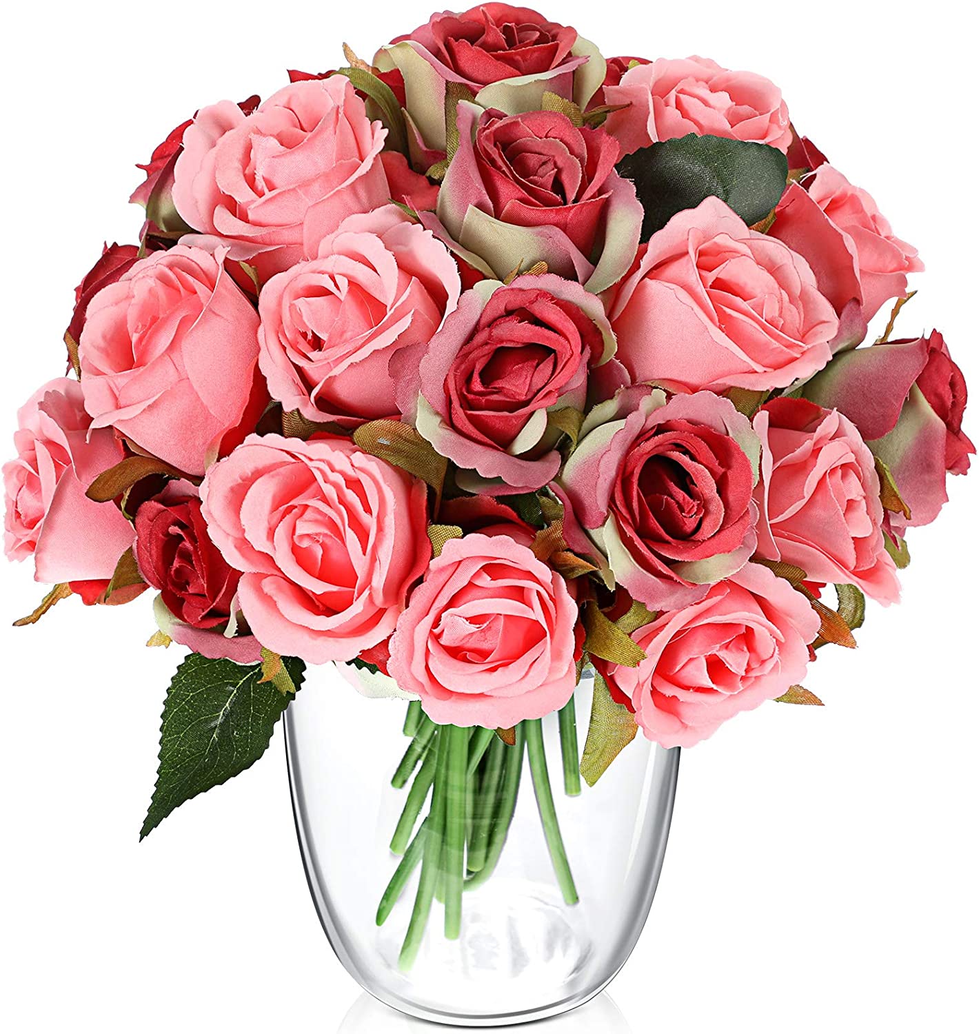 Artificial Faux Silk Rose Flower - Peach Pink and Red (  (10 inch, Pack of 12 Flower Bunch)
