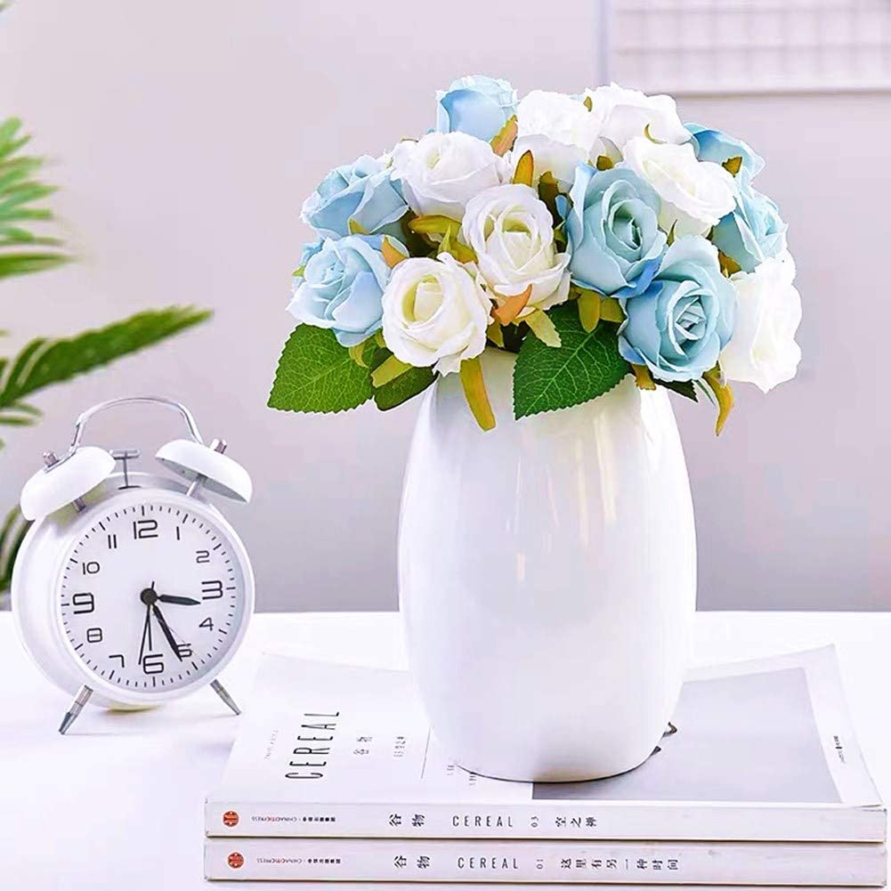 Artificial Faux Silk Rose Flower (Blue & White) (10.6 inch, Pack of 12 Flower Bunch)