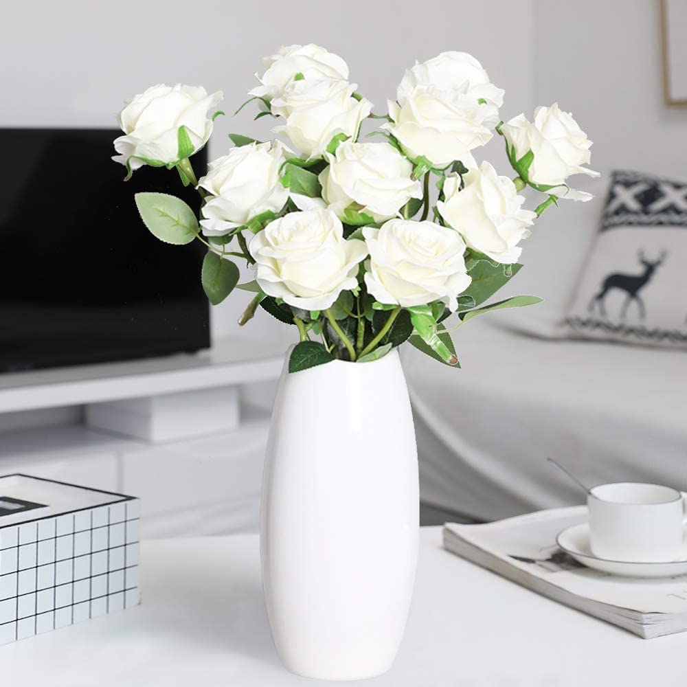 Faux Silk Artificial Rose Flower - White ( (10 inch, Pack of 12 Flower Bunch)
