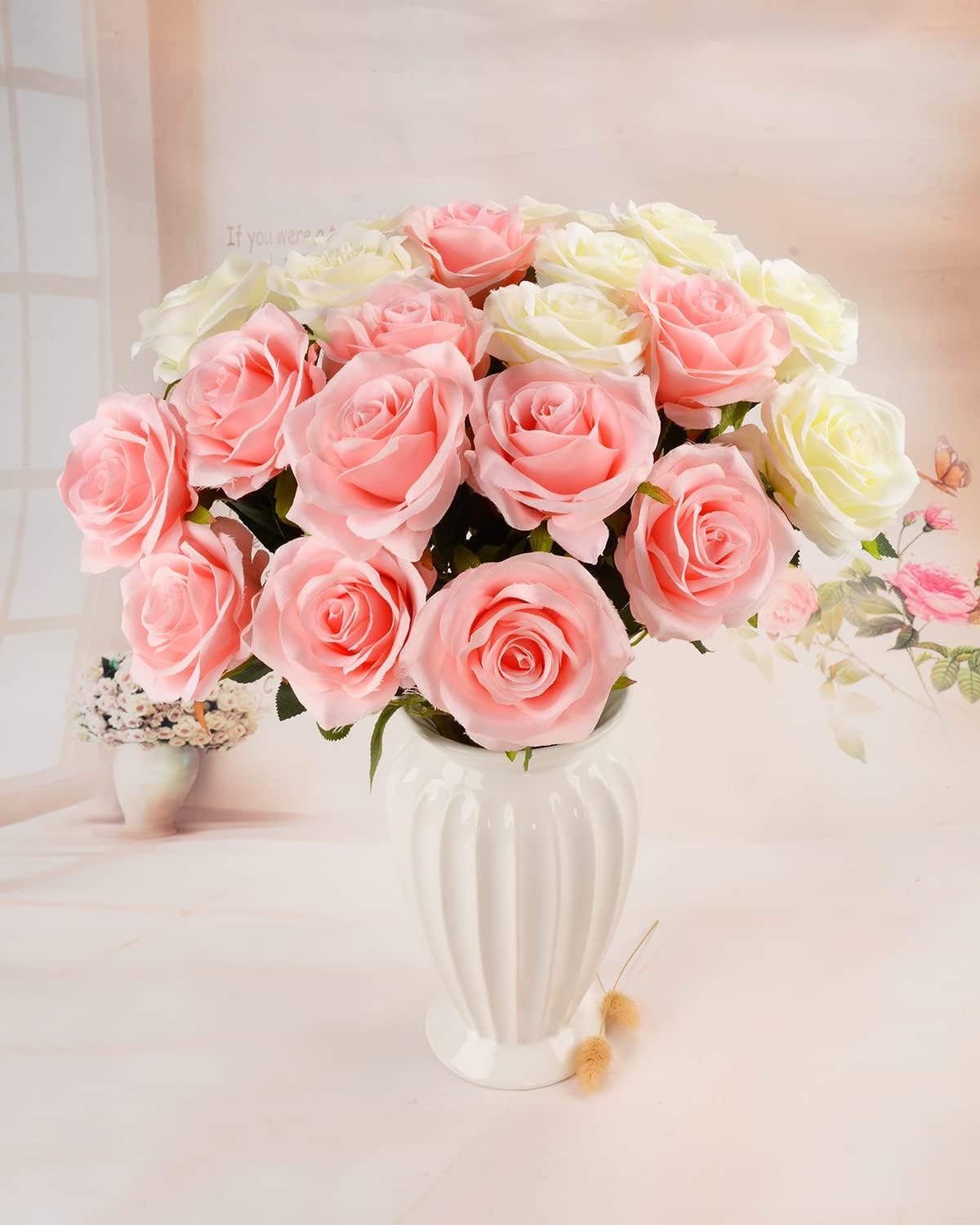 Artificial Faux Silk Rose Flower - Pink, Craem & White (10.6 inch, Pack of 12 Flower Bunch)