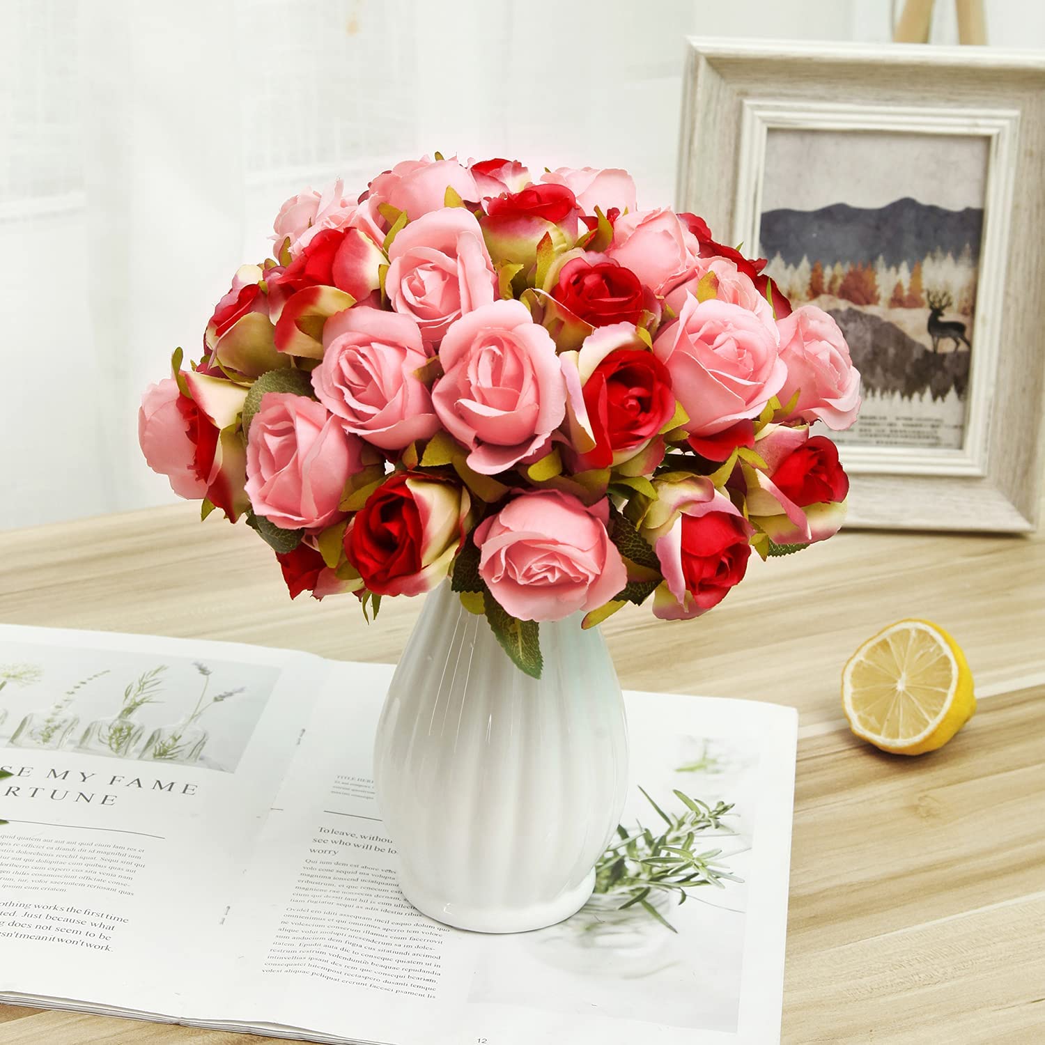 Artificial Faux Silk Rose Flower - Peach Pink and Red (  (10 inch, Pack of 12 Flower Bunch)