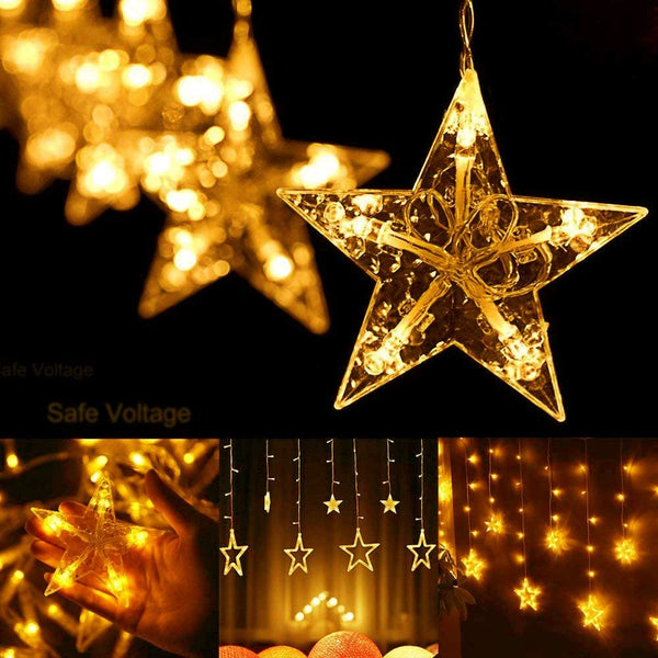 XERGY Star Curtain Lights, 12 Stars 138 LED String Lights, Window Curtain LED Lights for Bedroom with 8 Flashing Modes for Christmas, Wedding, Party Decorations (Warm White)