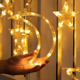 XERGY 123 LED Moon+ Star Curtain Lights, Window Curtain String Light Moon Star Fairy String Lights for Wedding Party Home Garden Bedroom Outdoor Indoor Wall Decorations (Warm White)