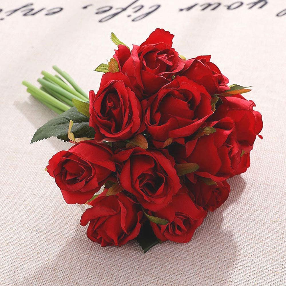 Artificial Faux Silk Rose Flowers - Red (10.6 inch, Pack of 12 Flower Bunch)