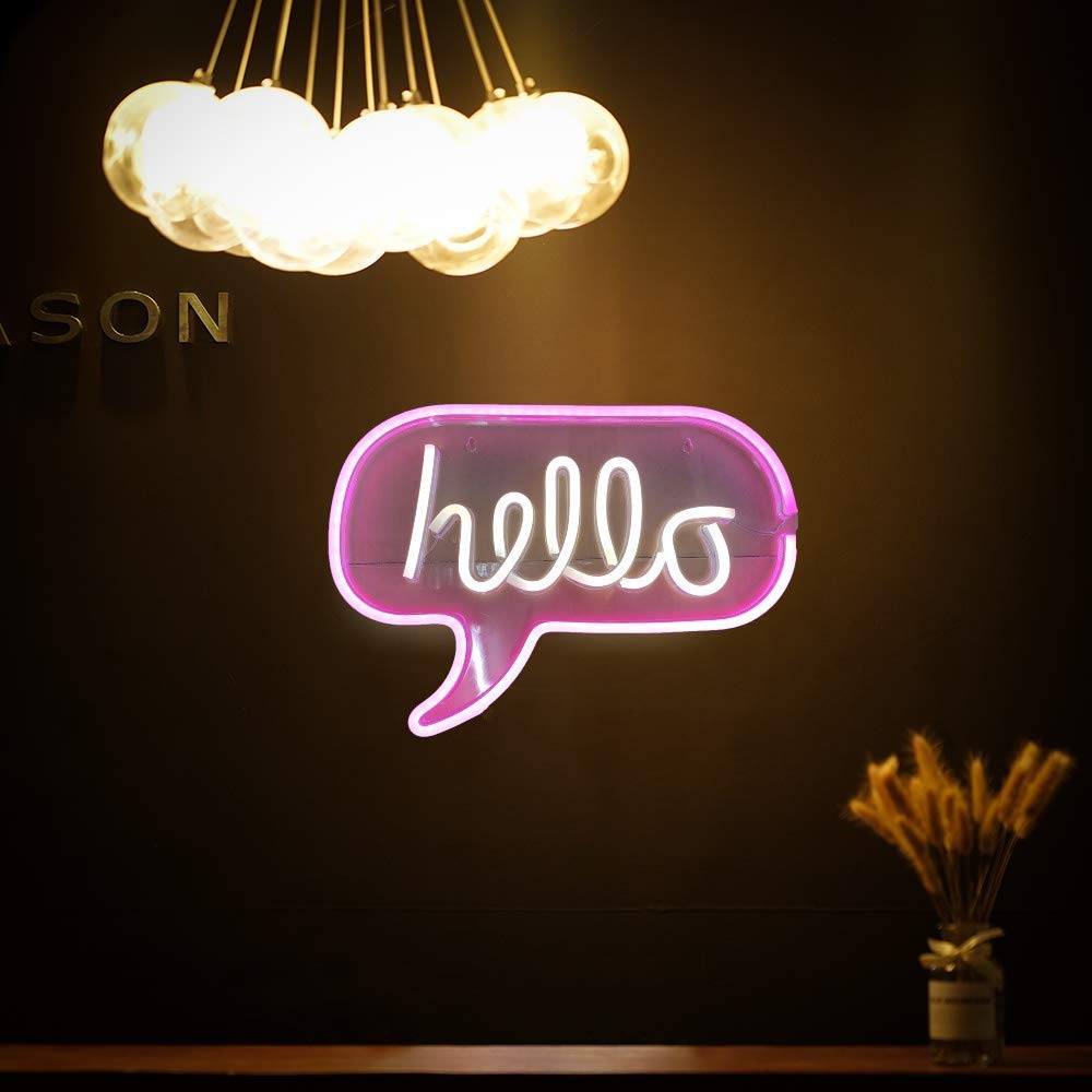 "Hello" Shaped Neon Wall Light - ( White & Pink )