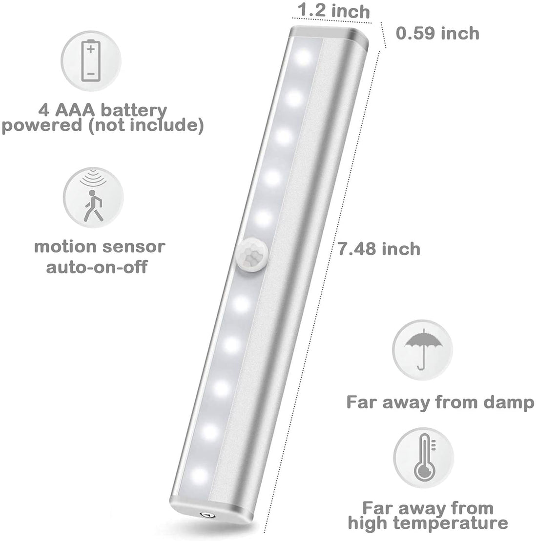 10 Led Battery Powered Motion Sensor Light ( 7.4 inch , White )