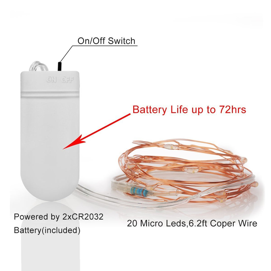 Battery Powered 20 LED String Lights (Warm White) - Pack of 6