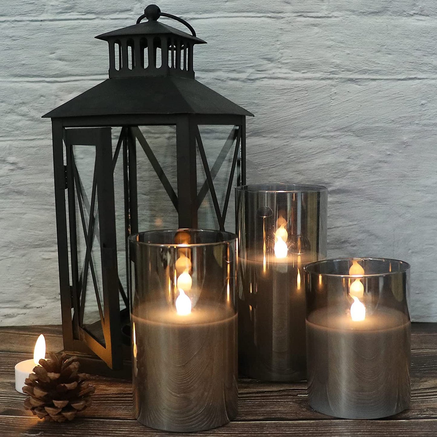 Acrylic Glass Battery Operated Flameless Led Candles With Remote (Set of 3, Grey)
