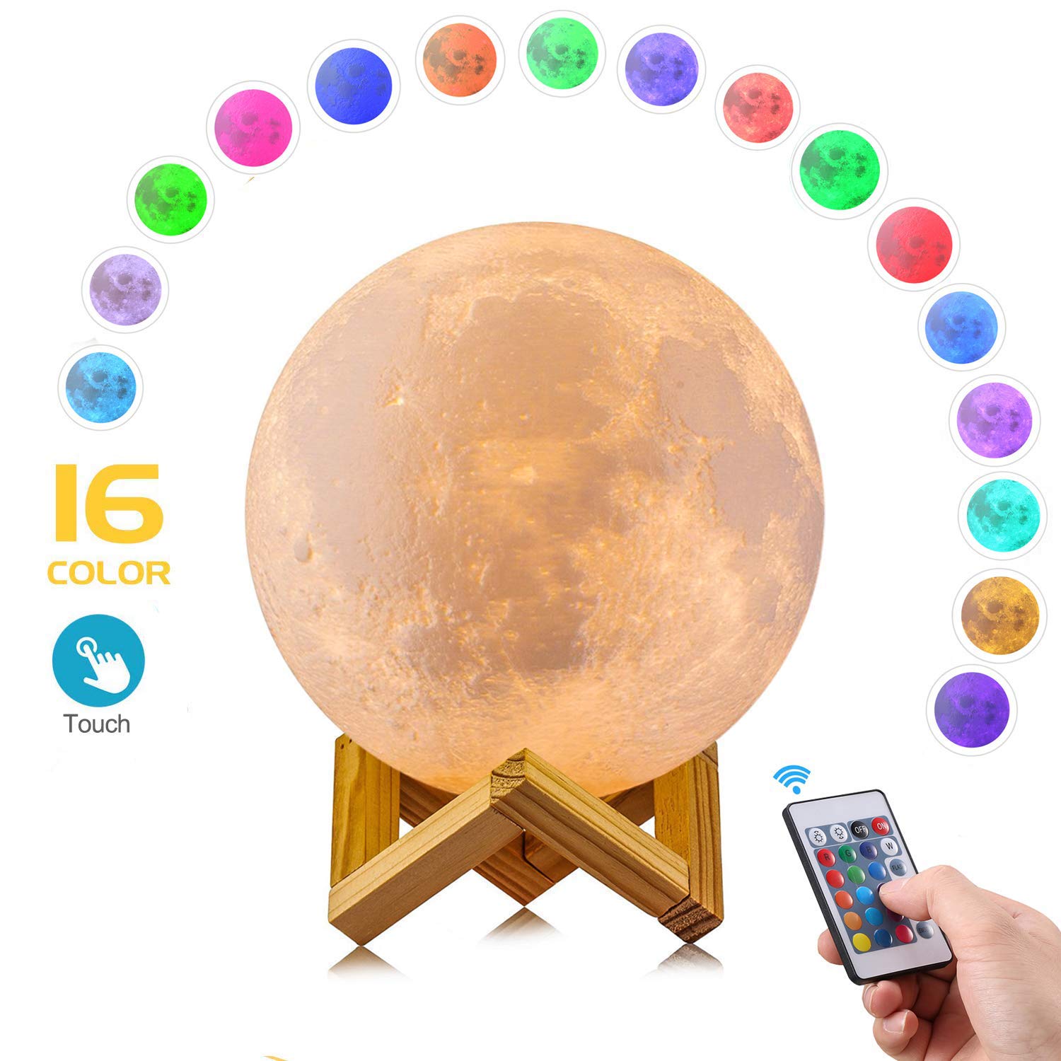 16 Color Changing 3D LED Moon Lamp With Wooden Stand & Remote ( 15 cm )