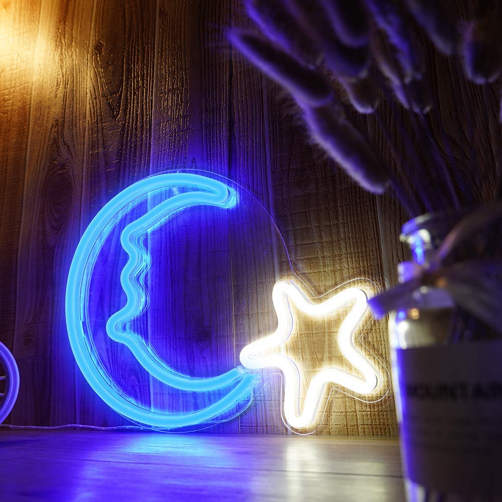 Moon Star Shaped Neon Wall Light - ( Blue & White )