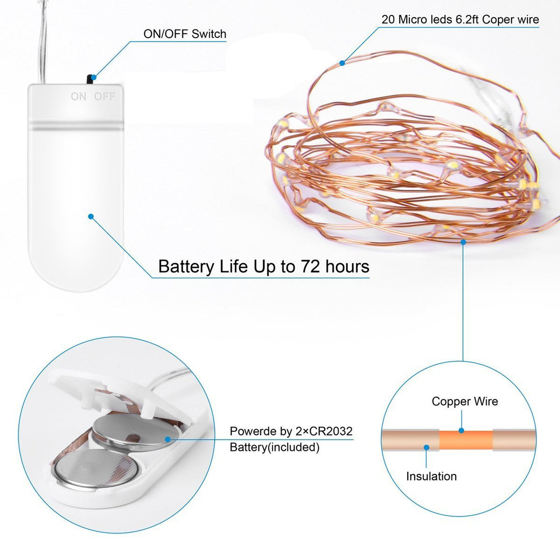 Battery Powered 20 LED String Lights - 2 m (Warm White) - Pack of 2