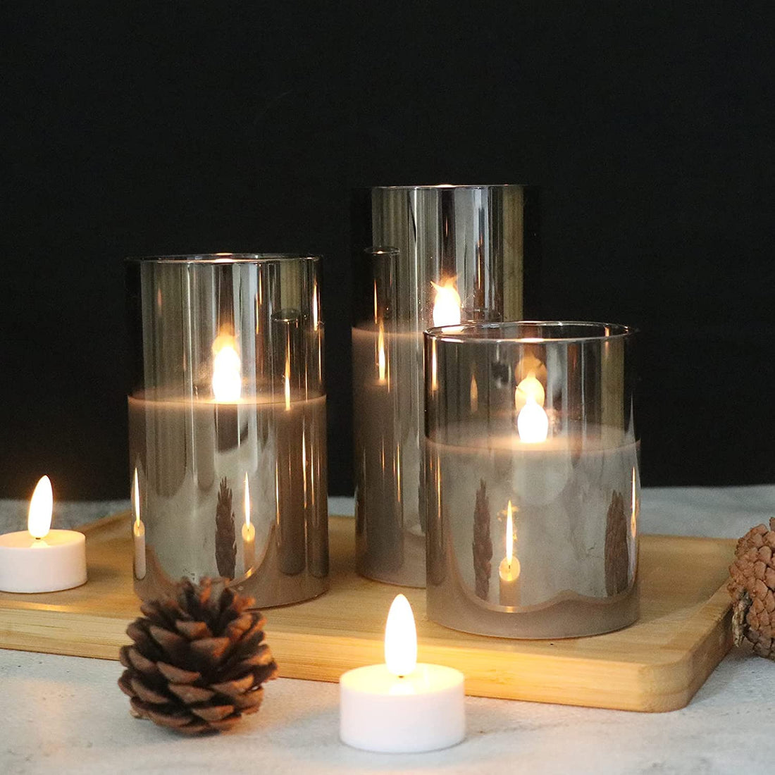 Acrylic Glass Battery Operated Flameless Led Candles With Remote (Set of 3, Grey)