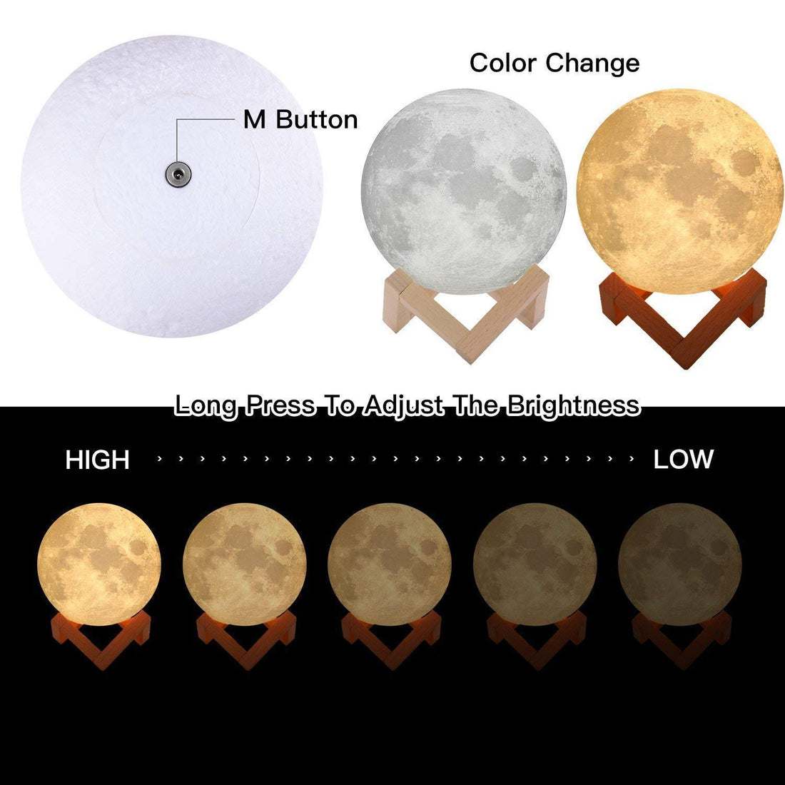 3D LED Moon Lamp With Wooden Base & Touch Control  ( 10 cm )