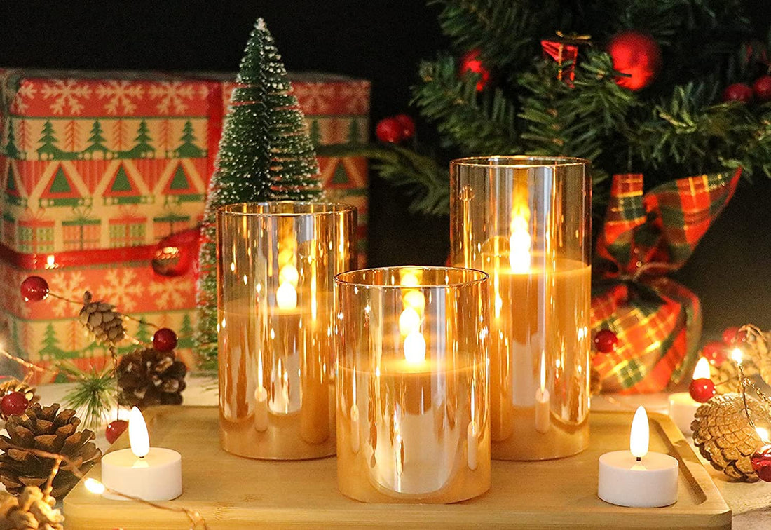 Acrylic Glass Battery Operated Flameless Led Candles With Remote (Set of 3, Gold)