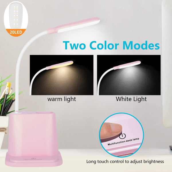 Rechargeable Desk Lamp Multifunctional LED Table Lamp with Pen Container and Mobile Phone Holder/Charger (Pink)
