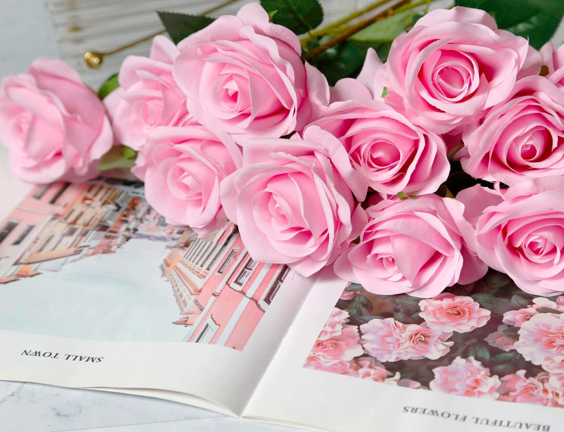 Artificial Faux Silk Rose Flower - Pink (10.6  inch, Pack of 12 Flower Bunch)