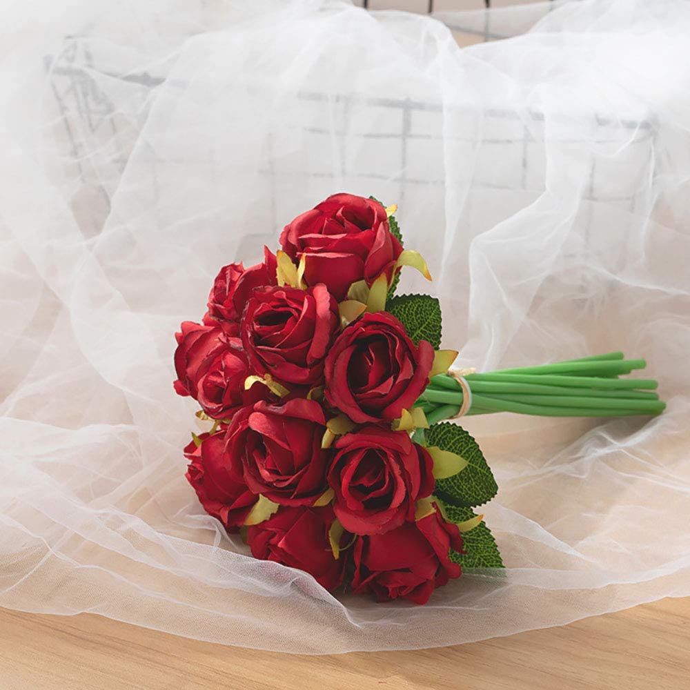 Artificial Faux Silk Rose Flowers - Red (10.6 inch, Pack of 12 Flower Bunch)