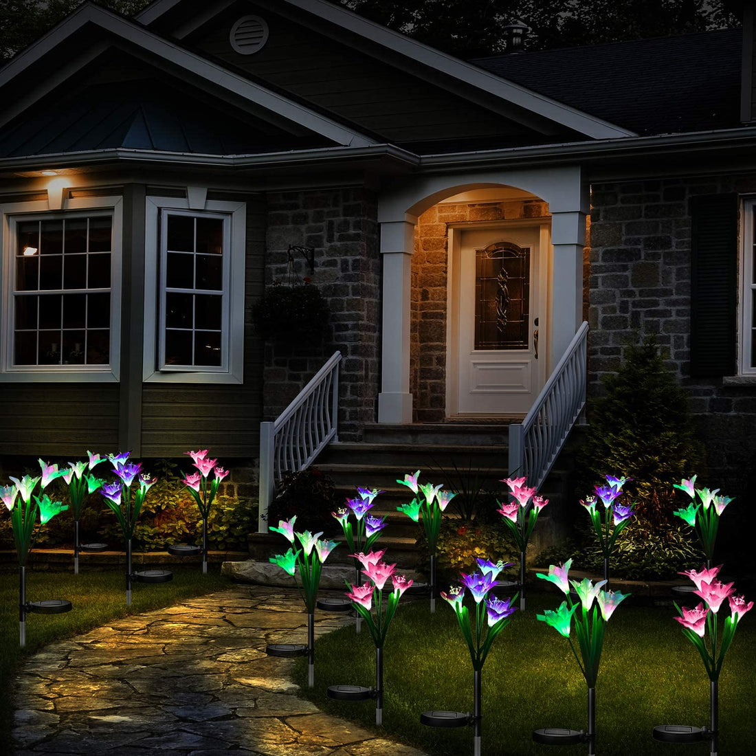 Solar Powered Lily Flower Outdoor Light - Multicolor (Pack of 3)