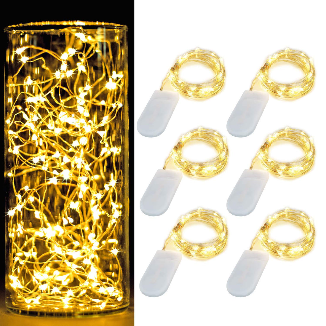 Battery Powered 20 LED String Lights (Warm White) - Pack of 6